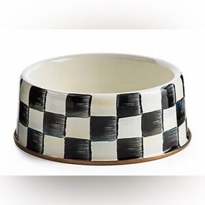 Mackenzie Childs courtly Checkered Black and White dog bowl like new